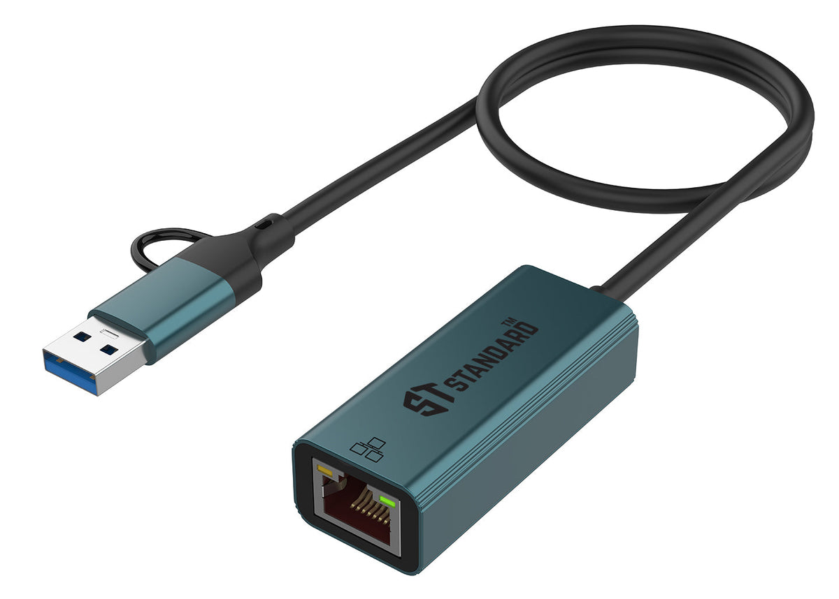 ST-Standard ST-UE106+ USB-C · USB 3.0 to Gigabit Ethernet Adapter | RJ45 10/100/1000 Mbps | 500 mm cable · Aluminium Alloy + PVC | 56.5 × 24 × 16.5 mm