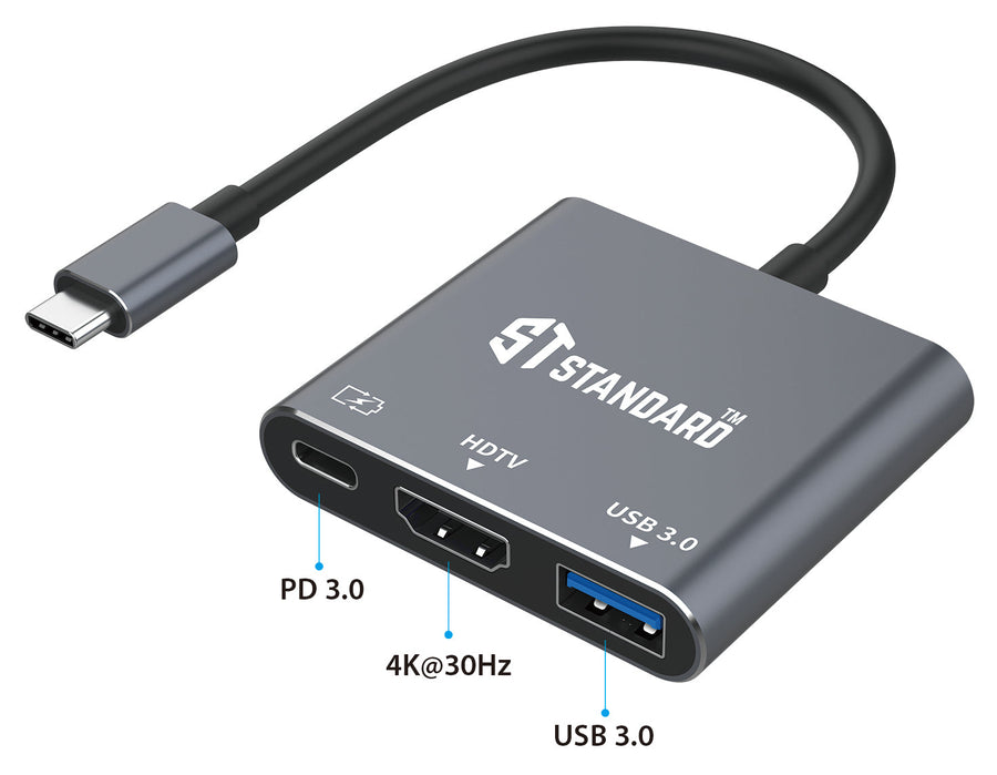 ST-Standard ST-9175 USB-C 3-in-1 Multiport Adapter | HDMI 4K 3840×2160 @ 30 Hz | USB 3.0 · 5 Gbps | USB-C PD 3.0 up to 1