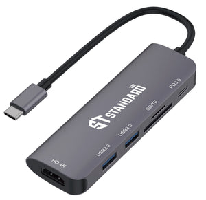 ST-Standard ST-95116D USB-C 6-in-1 Dock Station | HDMI 4K 3840×2160 @ 30 Hz | 2 × USB 3.0 · 5 Gbps | SD · microSD Reader | USB-C PD 3.0 | 140 mm cable · Aluminium Alloy + ABS + TPE