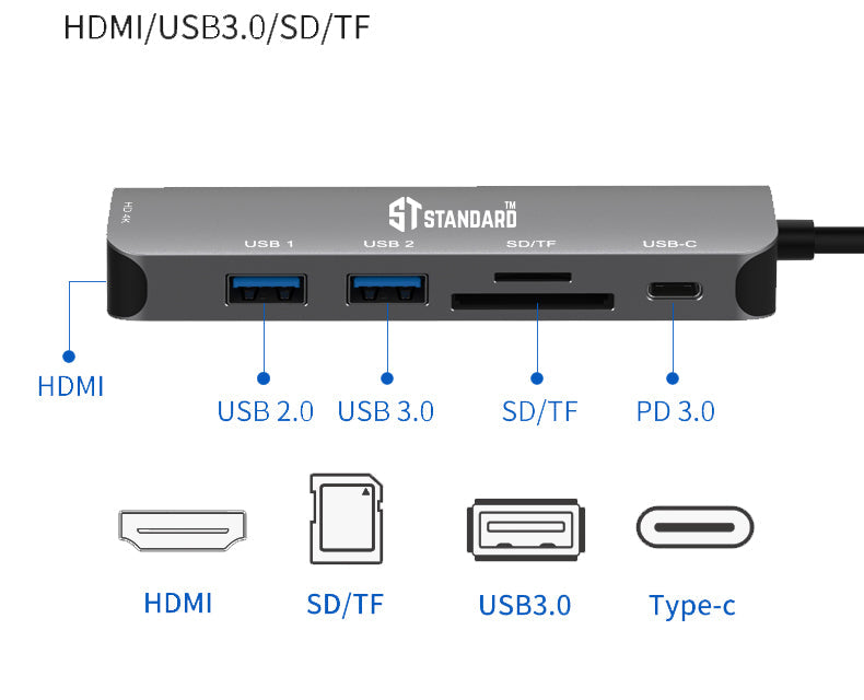 ST-Standard ST-95116D USB-C 6-in-1 Dock Station | HDMI 4K 3840×2160 @ 30 Hz | 2 × USB 3.0 · 5 Gbps | SD · microSD Reader | USB-C PD 3.0 | 140 mm cable · Aluminium Alloy + ABS + TPE