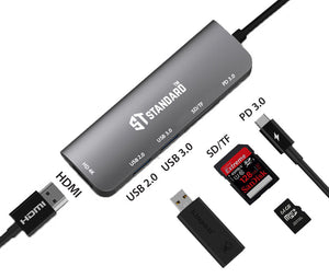 ST-Standard ST-95116D USB-C 6-in-1 Dock Station | HDMI 4K 3840×2160 @ 30 Hz | 2 × USB 3.0 · 5 Gbps | SD · microSD Reader | USB-C PD 3.0 | 140 mm cable · Aluminium Alloy + ABS + TPE