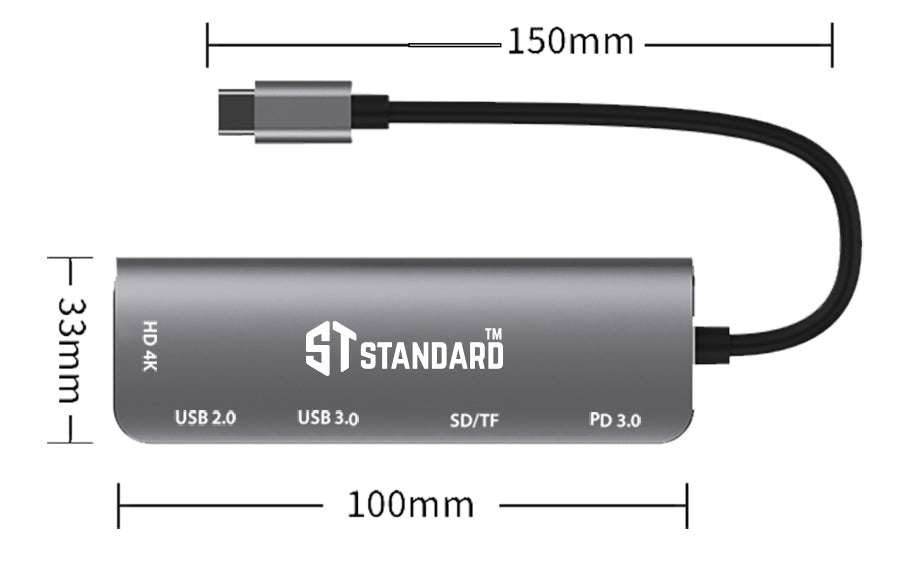 ST-Standard ST-95116D USB-C 6-in-1 Dock Station | HDMI 4K 3840×2160 @ 30 Hz | 2 × USB 3.0 · 5 Gbps | SD · microSD Reader | USB-C PD 3.0 | 140 mm cable · Aluminium Alloy + ABS + TPE