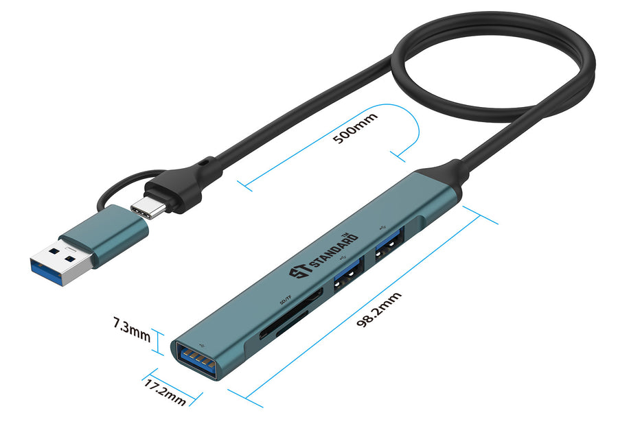 ST-Standard ST-UCA9705 USB-C · USB 3.0 Hub | 5-in-2 · 1×USB 3.0 · 2×USB 2.0 · SD · microSD | 5 Gbps | 500 mm cable · Alu