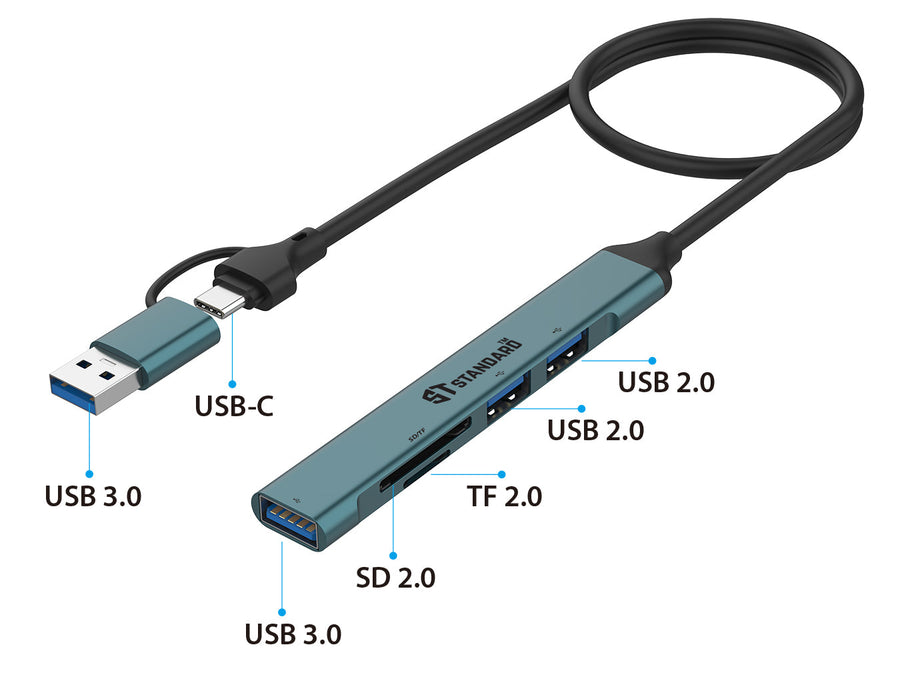 ST-Standard ST-UCA9705 USB-C · USB 3.0 Hub | 5-in-2 · 1×USB 3.0 · 2×USB 2.0 · SD · microSD | 5 Gbps | 500 mm cable · Alu