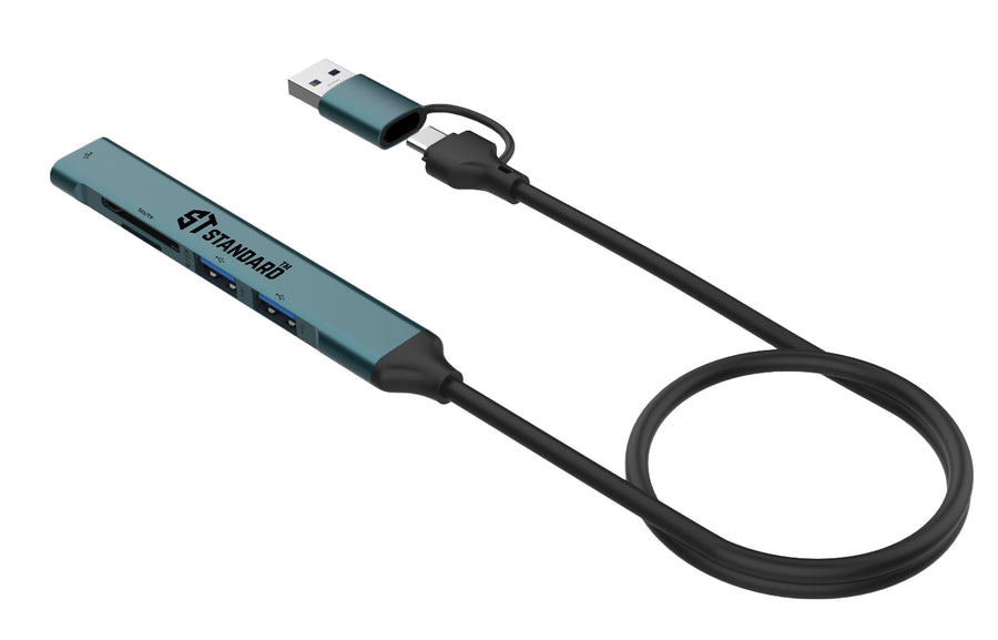 ST-Standard ST-UCA9705 USB-C · USB 3.0 Hub | 5-in-2 · 1×USB 3.0 · 2×USB 2.0 · SD · microSD | 5 Gbps | 500 mm cable · Alu