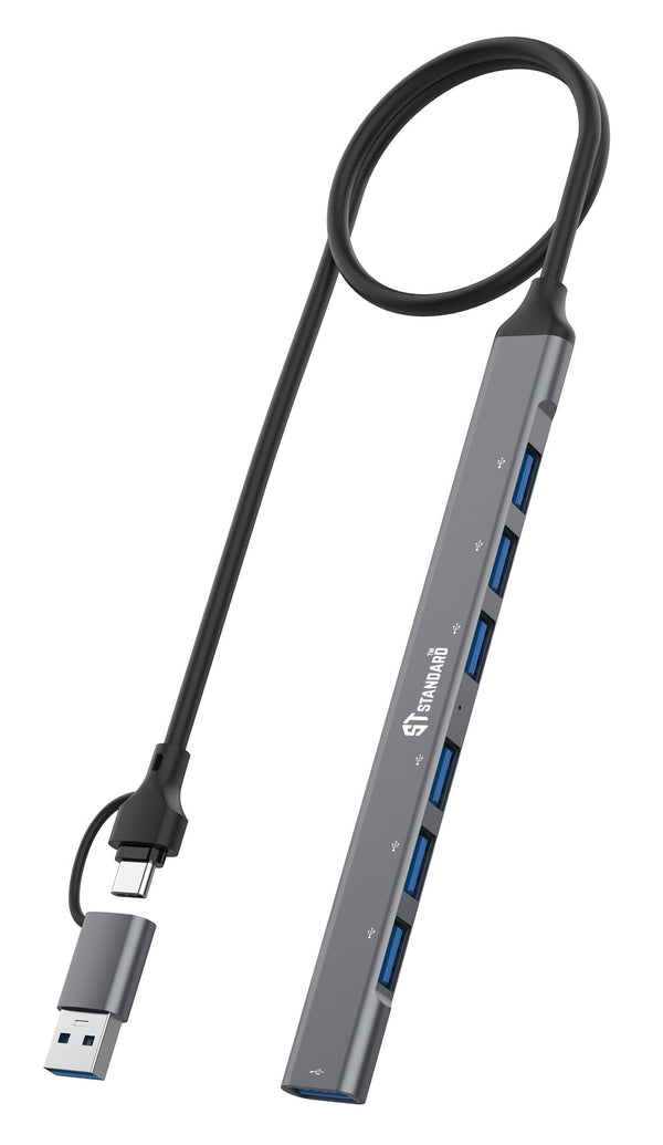 ST-Standard ST-UCA9702 USB-C · USB 3.0 Hub | 7-in-2 · 1 × USB 3.0 · 6 × USB 2.0 | 5 Gbps | 500 mm cable · Aluminium Allo
