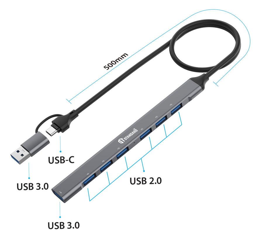 ST-Standard ST-UCA9702 USB-C · USB 3.0 Hub | 7-in-2 · 1 × USB 3.0 · 6 × USB 2.0 | 5 Gbps | 500 mm cable · Aluminium Allo