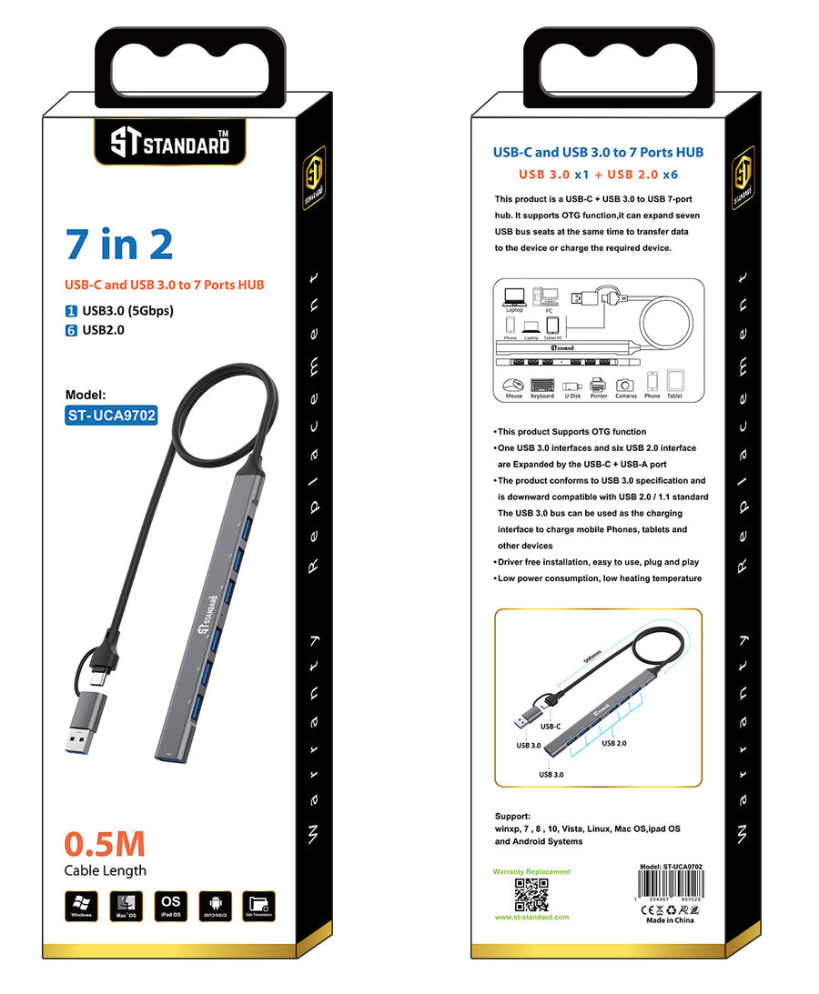 ST-Standard ST-UCA9702 USB-C · USB 3.0 Hub | 7-in-2 · 1 × USB 3.0 · 6 × USB 2.0 | 5 Gbps | 500 mm cable · Aluminium Allo