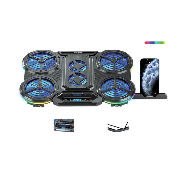 Standard ICE-08 Gaming Laptop Cooling Pad | 6 Fans · 4 × Ø100mm + 2 × 70mm | 10 RGB Modes · LCD Screen | Phone Holder | 