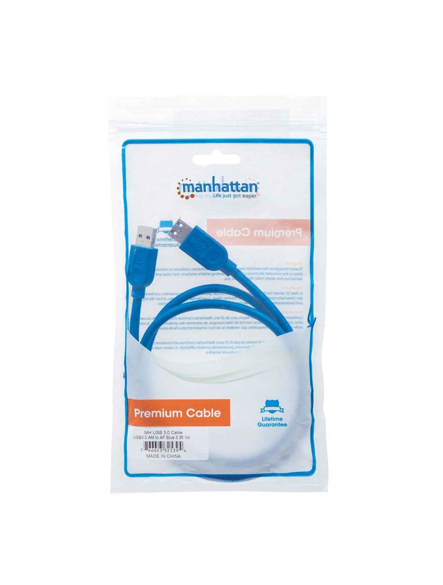 Manhattan 325394 SuperSpeed USB Extension Cable | USB-A Male to USB-A Female | USB 3.2 Gen 1 · 5 Gbps | 1 m | 28 AWG · Gold-Plated · Fully Shielded | Blue