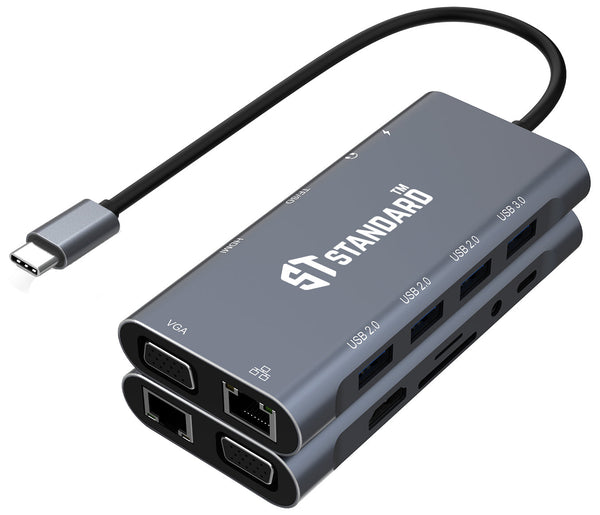 ST-Standard ST-9591A+ USB-C 11-in-1 Dock Station | HDMI 4K @ 30 Hz · VGA 2K @ 60 Hz | Gigabit RJ45 10/100/1000 | USB 3.0