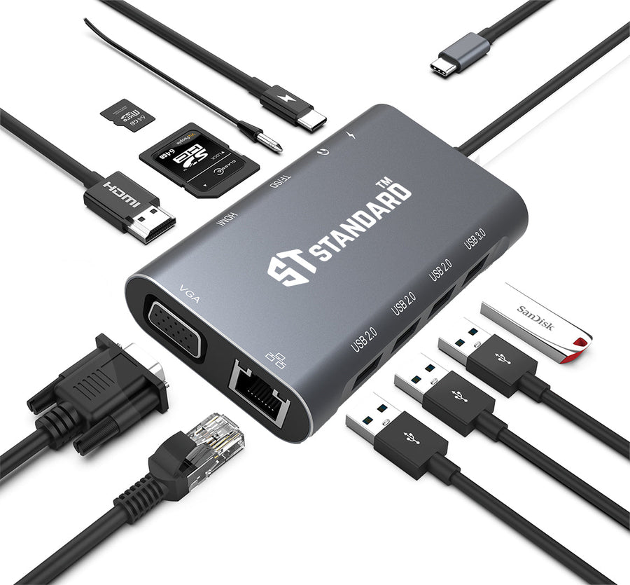 ST-Standard ST-9591A+ USB-C 11-in-1 Dock Station | HDMI 4K @ 30 Hz · VGA 2K @ 60 Hz | Gigabit RJ45 10/100/1000 | USB 3.0