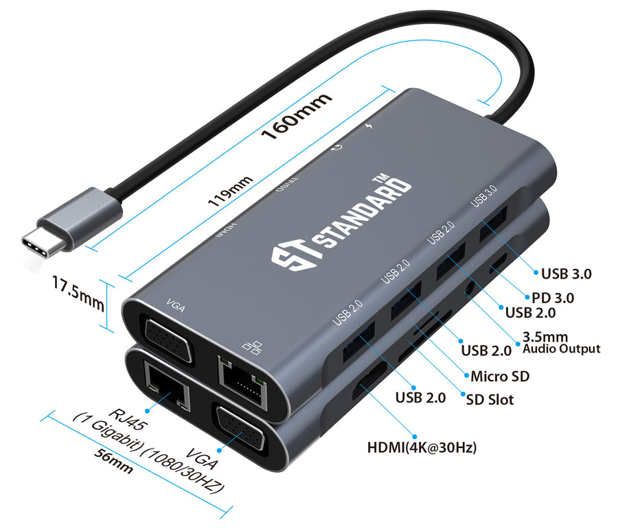ST-Standard ST-9591A+ USB-C 11-in-1 Dock Station | HDMI 4K @ 30 Hz · VGA 2K @ 60 Hz | Gigabit RJ45 10/100/1000 | USB 3.0