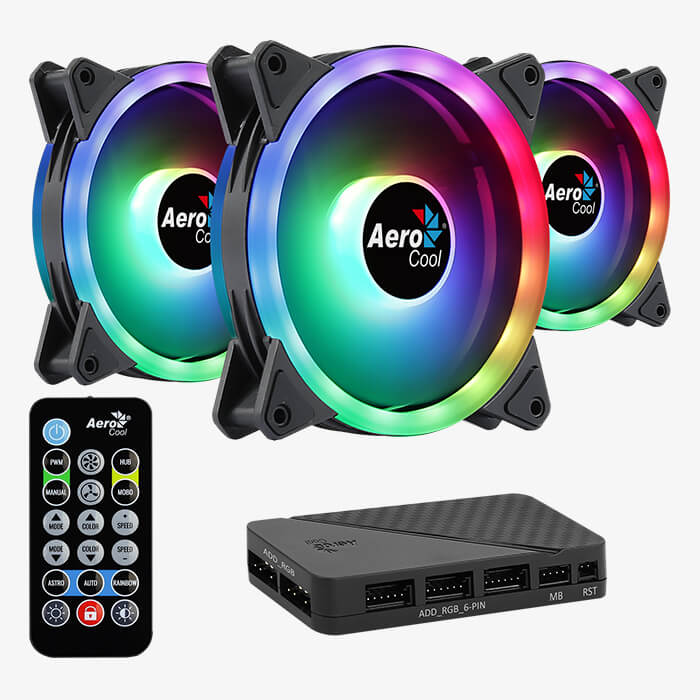Aerocool Duo 12 Pro 120mm ARGB Case Fan Kit | 3-Pack · H66F Hub · RF Remote | 1000 RPM · 33.4 CFM · 1.29 mmH2O · 19.7 dBA | Dual ARGB Rings · 28 LEDs | Hydraulic Bearing · 6-Pin | Black