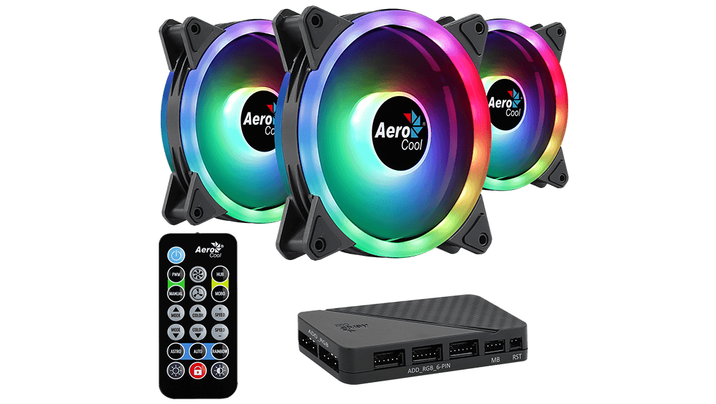Aerocool Duo 12 Pro 120mm ARGB Case Fan Kit | 3-Pack · H66F Hub · RF Remote | 1000 RPM · 33.4 CFM · 1.29 mmH2O · 19.7 dBA | Dual ARGB Rings · 28 LEDs | Hydraulic Bearing · 6-Pin | Black