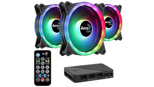Aerocool Duo 12 Pro 120mm ARGB Case Fan Kit | 3-Pack · H66F Hub · RF Remote | 1000 RPM · 33.4 CFM · 1.29 mmH2O · 19.7 dBA | Dual ARGB Rings · 28 LEDs | Hydraulic Bearing · 6-Pin | Black