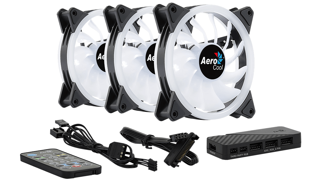 Aerocool Duo 12 Pro 120mm ARGB Case Fan Kit | 3-Pack · H66F Hub · RF Remote | 1000 RPM · 33.4 CFM · 1.29 mmH2O · 19.7 dBA | Dual ARGB Rings · 28 LEDs | Hydraulic Bearing · 6-Pin | Black