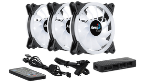 Aerocool Duo 12 Pro 120mm ARGB Case Fan Kit | 3-Pack · H66F Hub · RF Remote | 1000 RPM · 33.4 CFM · 1.29 mmH2O · 19.7 dBA | Dual ARGB Rings · 28 LEDs | Hydraulic Bearing · 6-Pin | Black