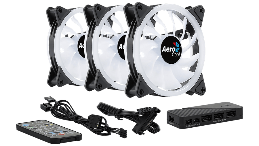 Aerocool Duo 12 Pro 120mm ARGB Case Fan Kit | 3-Pack · H66F Hub · RF Remote | 1000 RPM · 33.4 CFM · 1.29 mmH2O · 19.7 dB