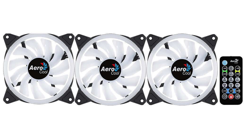 Aerocool Duo 12 Pro 120mm ARGB Case Fan Kit | 3-Pack · H66F Hub · RF Remote | 1000 RPM · 33.4 CFM · 1.29 mmH2O · 19.7 dBA | Dual ARGB Rings · 28 LEDs | Hydraulic Bearing · 6-Pin | Black