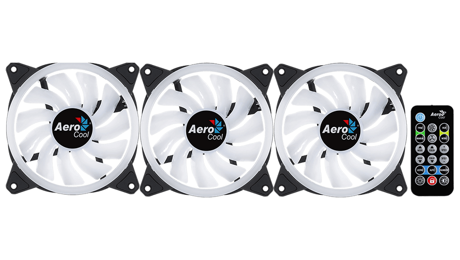 Aerocool Duo 12 Pro 120mm ARGB Case Fan Kit | 3-Pack · H66F Hub · RF Remote | 1000 RPM · 33.4 CFM · 1.29 mmH2O · 19.7 dB