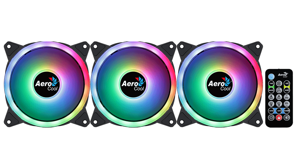 Aerocool Duo 12 Pro 120mm ARGB Case Fan Kit | 3-Pack · H66F Hub · RF Remote | 1000 RPM · 33.4 CFM · 1.29 mmH2O · 19.7 dBA | Dual ARGB Rings · 28 LEDs | Hydraulic Bearing · 6-Pin | Black