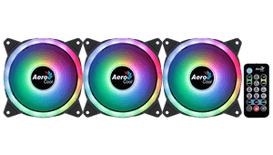 Aerocool Duo 12 Pro 120mm ARGB Case Fan Kit | 3-Pack · H66F Hub · RF Remote | 1000 RPM · 33.4 CFM · 1.29 mmH2O · 19.7 dBA | Dual ARGB Rings · 28 LEDs | Hydraulic Bearing · 6-Pin | Black