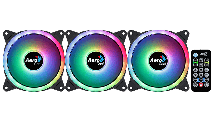 Aerocool Duo 12 Pro 120mm ARGB Case Fan Kit | 3-Pack · H66F Hub · RF Remote | 1000 RPM · 33.4 CFM · 1.29 mmH2O · 19.7 dB