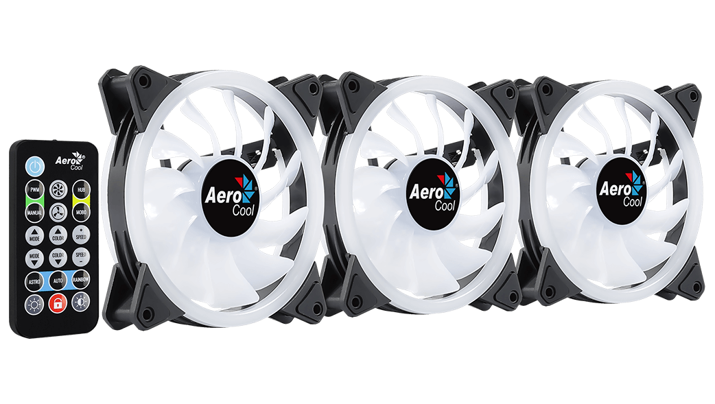 Aerocool Duo 12 Pro 120mm ARGB Case Fan Kit | 3-Pack · H66F Hub · RF Remote | 1000 RPM · 33.4 CFM · 1.29 mmH2O · 19.7 dBA | Dual ARGB Rings · 28 LEDs | Hydraulic Bearing · 6-Pin | Black
