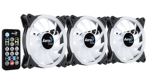 Aerocool Duo 12 Pro 120mm ARGB Case Fan Kit | 3-Pack · H66F Hub · RF Remote | 1000 RPM · 33.4 CFM · 1.29 mmH2O · 19.7 dBA | Dual ARGB Rings · 28 LEDs | Hydraulic Bearing · 6-Pin | Black