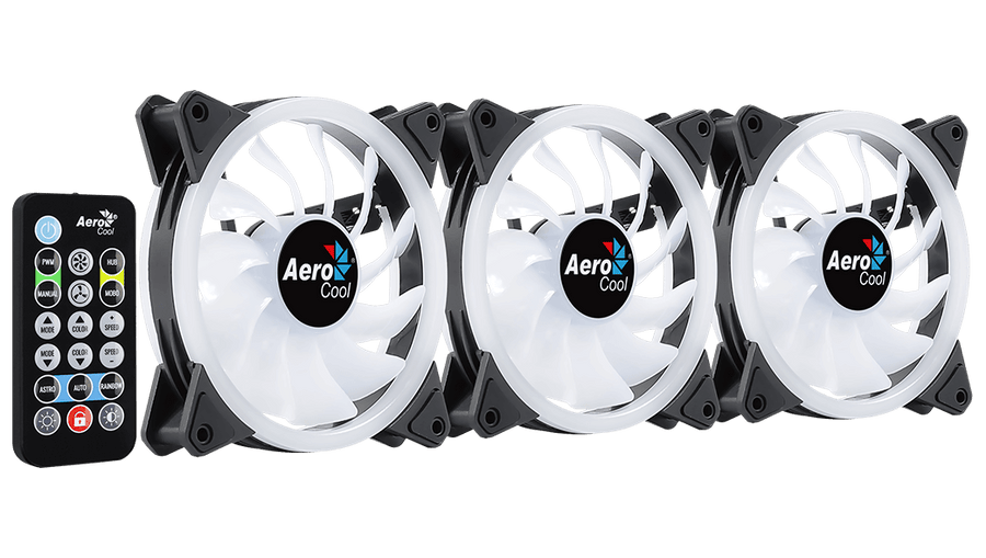 Aerocool Duo 12 Pro 120mm ARGB Case Fan Kit | 3-Pack · H66F Hub · RF Remote | 1000 RPM · 33.4 CFM · 1.29 mmH2O · 19.7 dB