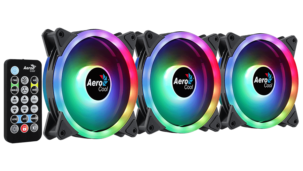 Aerocool Duo 12 Pro 120mm ARGB Case Fan Kit | 3-Pack · H66F Hub · RF Remote | 1000 RPM · 33.4 CFM · 1.29 mmH2O · 19.7 dBA | Dual ARGB Rings · 28 LEDs | Hydraulic Bearing · 6-Pin | Black