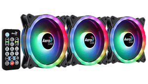 Aerocool Duo 12 Pro 120mm ARGB Case Fan Kit | 3-Pack · H66F Hub · RF Remote | 1000 RPM · 33.4 CFM · 1.29 mmH2O · 19.7 dBA | Dual ARGB Rings · 28 LEDs | Hydraulic Bearing · 6-Pin | Black