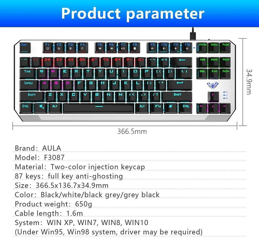 AULA F3087 TKL Mechanical Gaming Keyboard | 87 Keys · TKL | Blue Switches · 2.8 mm · 65 g · 50M Keystrokes | RGB Rainbow