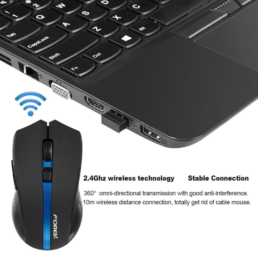 Forev FV-W9 Wireless Mouse | 2.4GHz Wireless · Nano USB Receiver | 1000–1600 DPI | 10m Range | 90g · Four-Way Wheel | Black