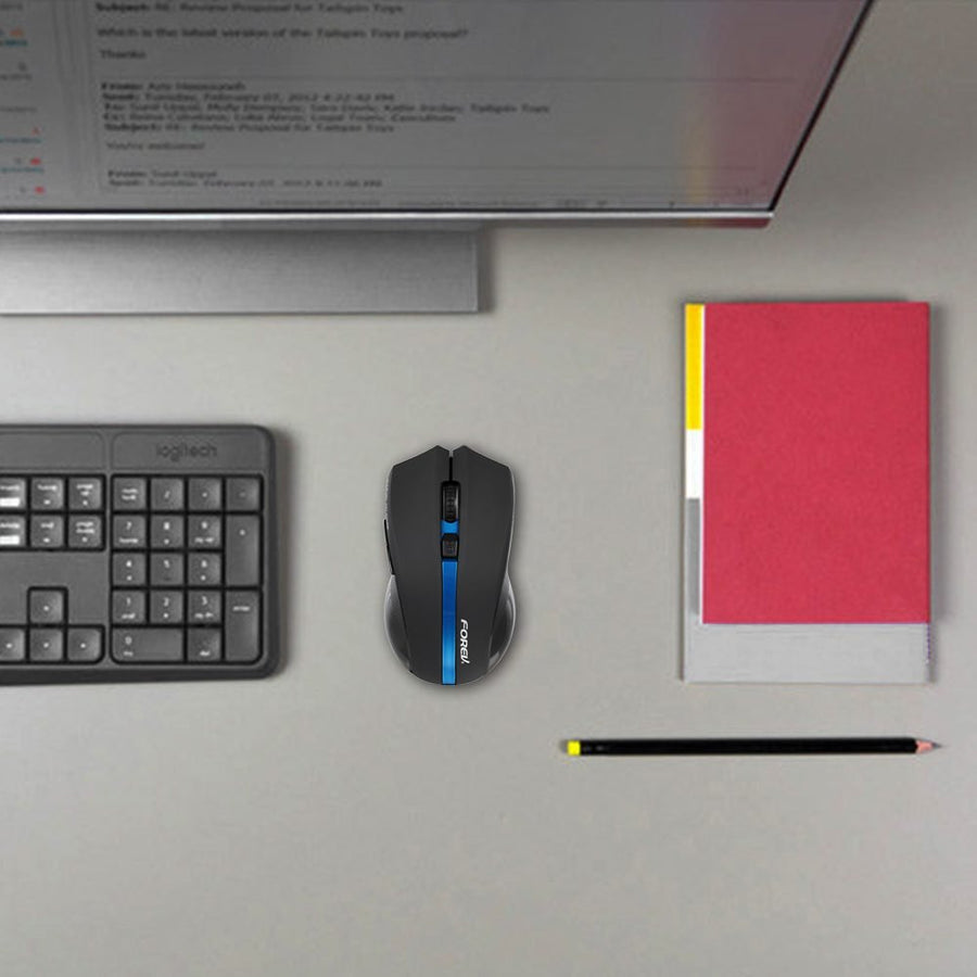 Forev FV-W9 Wireless Mouse | 2.4GHz Wireless · Nano USB Receiver | 1000–1600 DPI | 10m Range | 90g · Four-Way Wheel | Bl