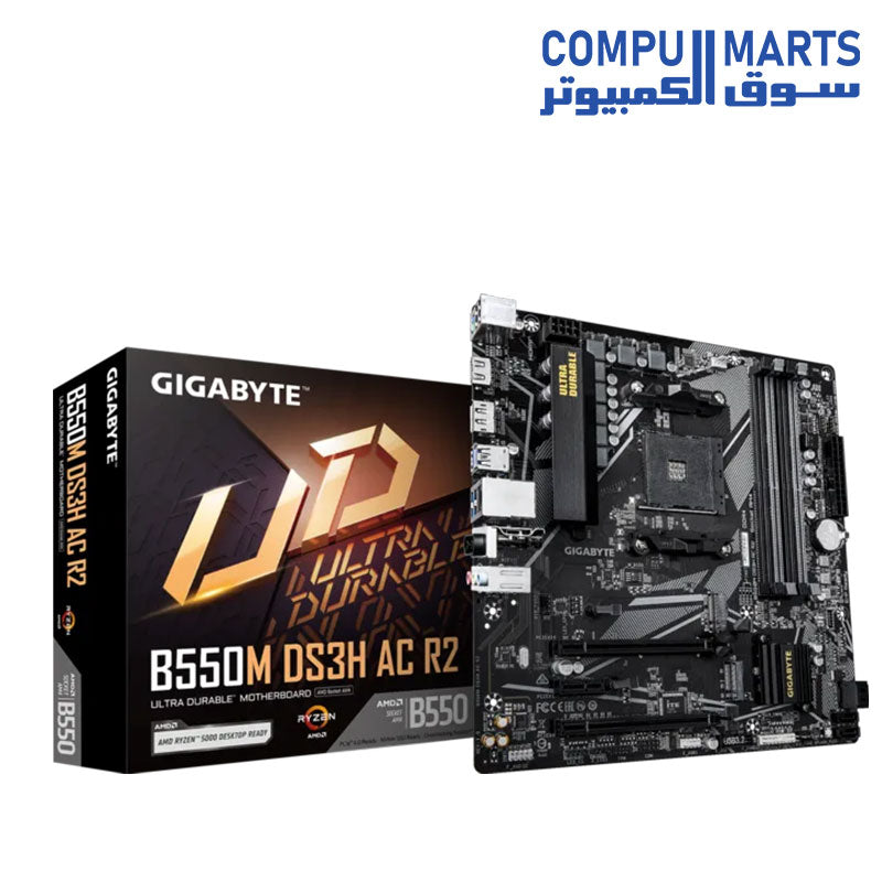 GIGABYTE B550M DS3H AC R2 Motherboard | AMD Socket AM4 · B550 Chipset | 4× DDR4 up to 4733 MT/s (O.C.) · 128GB | PCIe 4.0 x16 · 2× M.2 | Wi-Fi 5 (802.11ac) · Bluetooth 5.0 · GbE LAN | Micro-ATX
