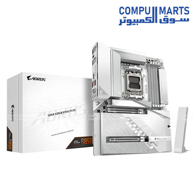 GIGABYTE B850 AORUS STEALTH ICE Motherboard | AMD Socket AM5 · B850 Chipset | 4× DDR5 up to 8200 MT/s (O.C.) · 256GB | PCIe 5.0 x16 · 4× M.2 | Wi-Fi 7 · Bluetooth 5.4 · 5GbE LAN | ATX | White