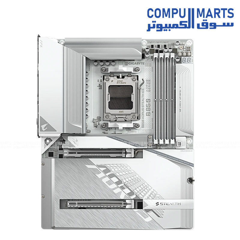 GIGABYTE B850 AORUS STEALTH ICE Motherboard | AMD Socket AM5 · B850 Chipset | 4× DDR5 up to 8200 MT/s (O.C.) · 256GB | PCIe 5.0 x16 · 4× M.2 | Wi-Fi 7 · Bluetooth 5.4 · 5GbE LAN | ATX | White