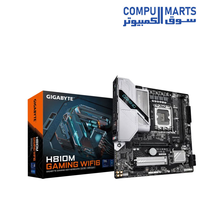 GIGABYTE H810M GAMING WIFI6 Motherboard | Intel LGA1851 · H810 Chipset | 2× DDR5 6400 MT/s · 128GB | PCIe 4.0 x16 · M.2 PCIe 4.0 x4 | Wi-Fi 6 · Bluetooth 5.3 · 2.5GbE LAN | Micro-ATX