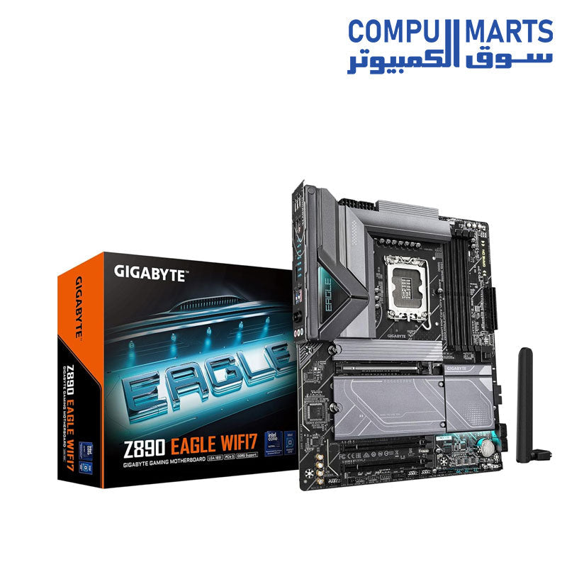GIGABYTE Z890 EAGLE WIFI7 Motherboard | Intel LGA1851 · Z890 Chipset | 4× DDR5/CUDIMM up to 9200 MT/s (O.C.) · 256GB | PCIe 5.0 x16 · 4× M.2 | Wi-Fi 7 · Bluetooth 5.4 · 2.5GbE LAN · USB4 Type-C | ATX