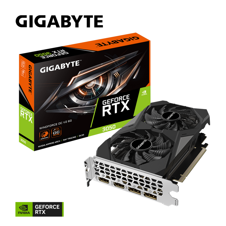 GIGABYTE GeForce RTX 3050 WINDFORCE OC V2 6G Graphics Card | 6GB GDDR6 · 96-bit | 2304 CUDA Cores · 1477 MHz Core | PCIe 4.0 · 2× HDMI 2.1 · 2× DisplayPort 1.4a | No External Power Connector | Black