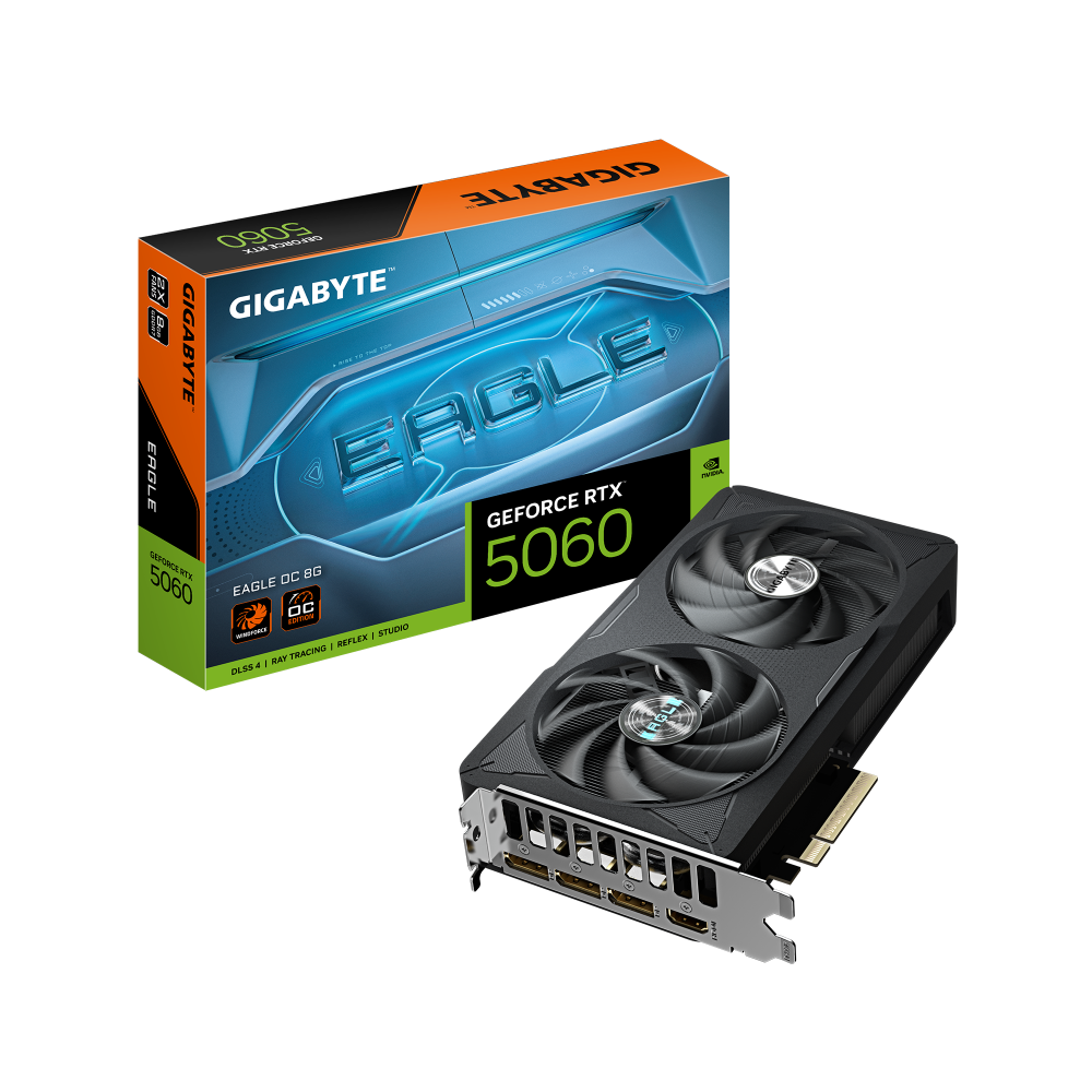 GIGABYTE GeForce RTX 5060 EAGLE OC 8G Graphics Card | 8GB GDDR7 · 128-bit | 2550 MHz Boost · 3840 CUDA Cores | PCIe 5.0 · 3x DisplayPort 2.1b · 1x HDMI 2.1b | Black