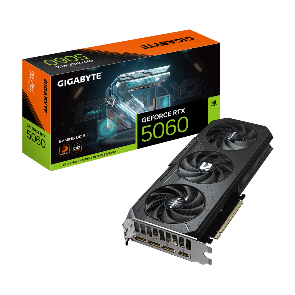 GIGABYTE GeForce RTX 5060 GAMING OC 8G Graphics Card | 8GB GDDR7 · 128-bit | 2595 MHz Boost · 3840 CUDA Cores | PCIe 5.0 · 3x DisplayPort 2.1b · 1x HDMI 2.1b | Black