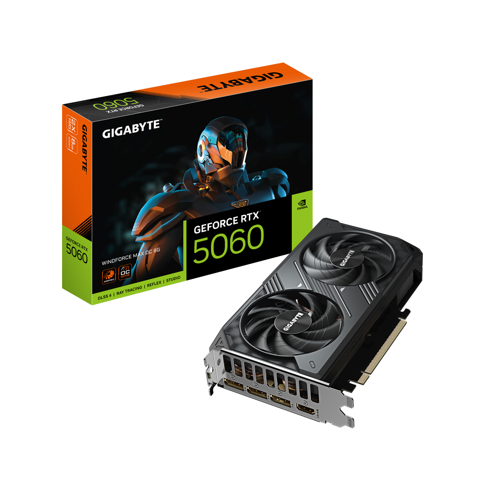 GIGABYTE GeForce RTX 5060 WINDFORCE MAX OC 8G Graphics Card | 8GB GDDR7 · 128-bit | 2512 MHz Boost · 3840 CUDA Cores | PCIe 5.0 · 199 mm Compact | Black