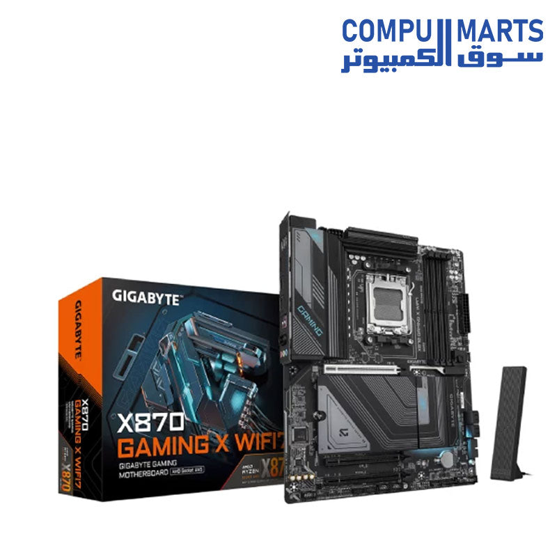 GIGABYTE X870 GAMING X WIFI7 Motherboard | AMD X870 · Socket AM5 | 4x DDR5 · up to 256GB · 8200 MT/s OC | PCIe 5.0 x16 · 3x M.2 · 4x SATA | 2x USB4 Type-C · Wi-Fi 7 · Bluetooth 5.4 · 2.5GbE | ATX