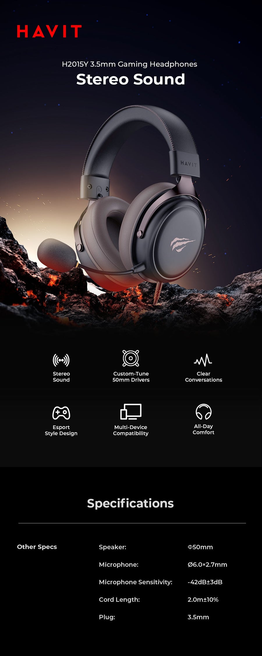 Havit Gamenote H2015Y Wired Gaming Headset | 50mm Custom-Tuned Drivers | Built-In Microphone (-42dB) | 2m 3.5mm Cable | 