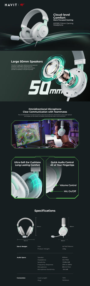 HAVIT Gamenote H2230E Gaming Headset | 50mm Drivers | 3.5mm Wired · 1.8m | 32Ω · 20Hz-20kHz | 238g | White·Green / Grey·Green
