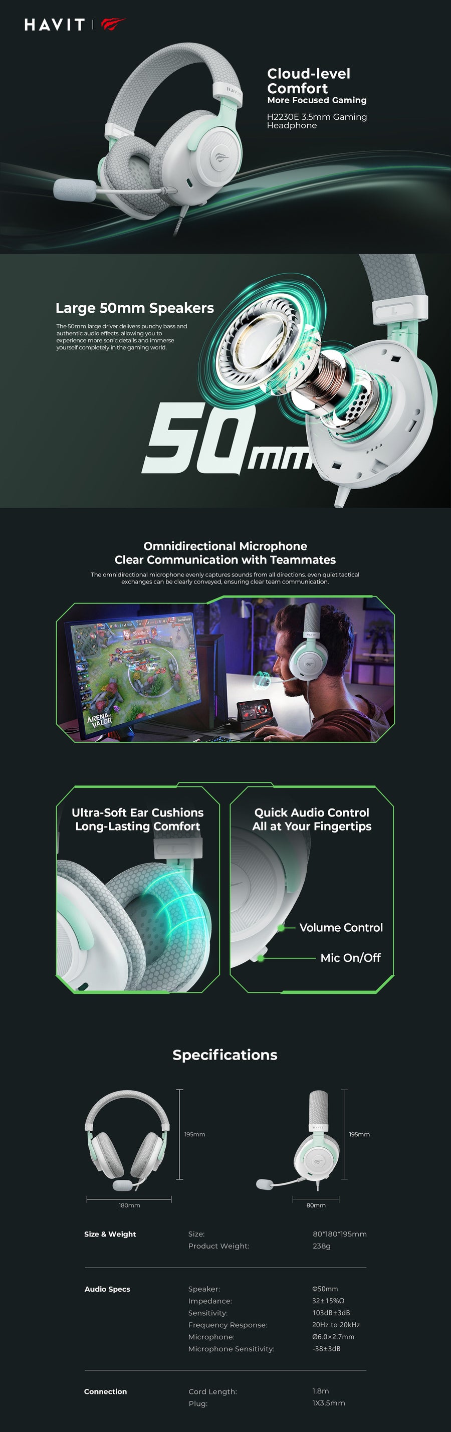 HAVIT Gamenote H2230E Gaming Headset | 50mm Drivers | 3.5mm Wired · 1.8m | 32Ω · 20Hz-20kHz | 238g | White·Green / Grey·