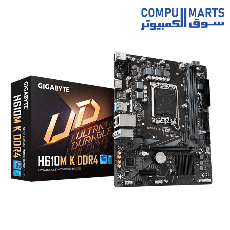GIGABYTE H610M K DDR4 Motherboard | Intel H610 Express · Socket LGA1700 | 2x DDR4 · up to 64GB · 3200 MT/s | PCIe 4.0 x16 · M.2 · 2x SATA | HDMI 4K · Gigabit LAN | Micro-ATX